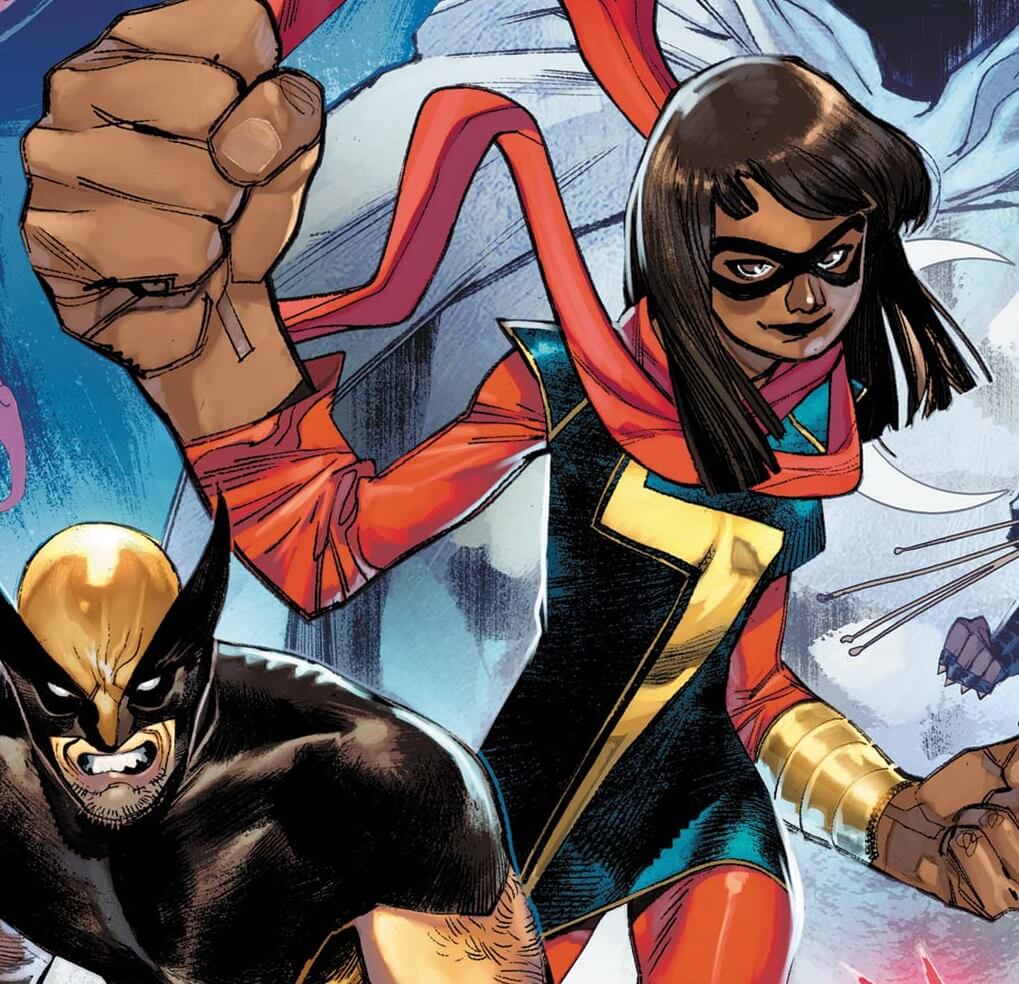 Ms Marvel uses her embiggen skills to wield a giant fist while Wolverine crouches nearby
