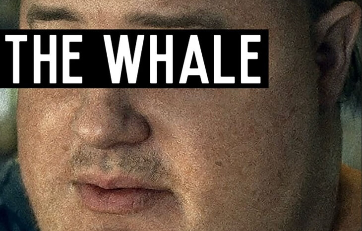 A crop of a movie poster, a close up of Brendan Fraser's face in fat makeup, with THE WHALE printed in white in a black bar covering his eyes.