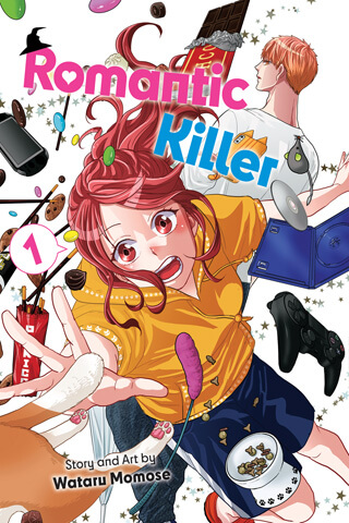cover of Romantic Killer volume 1 depicting Anzu reaching out for her video games and chocolate while the objects spin away from her.
