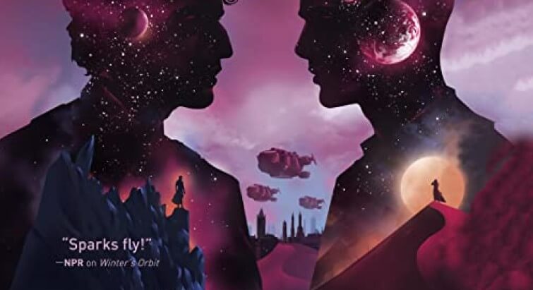 two men in silhouette face each other with space ships in the background on the cover of Ocean's Echo by Everina Maxwell