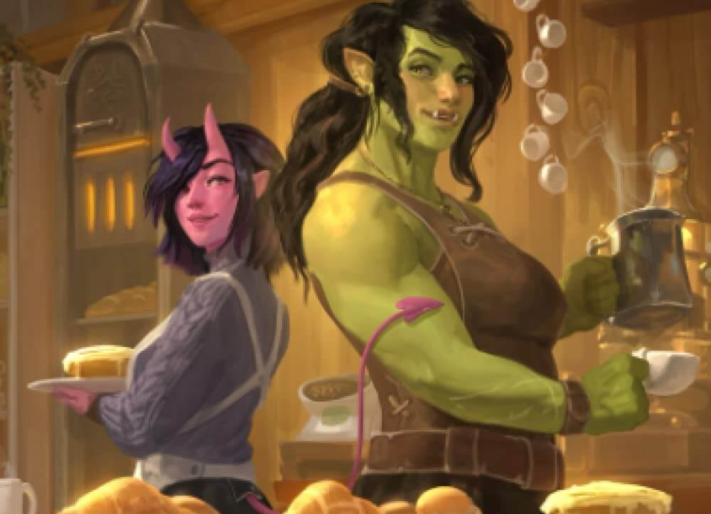 Viv the orc looks satisfied back to back with her barista on the cover of Legends and Lattes by Travis Baldree
