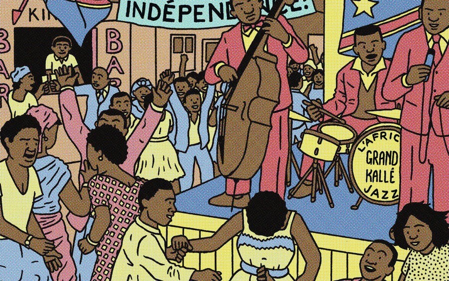 Congolese people dacing and sitting around a stage where a person is playing a cello