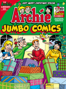 White thin teenagers betty cooper, who is blonde, jughead jones, who is a brunet, veronica lodge, who is a brunette, and archie andrews, who is a redhead, stand in a cozy looking house as snow falls outside. They're all reacting to the efforts of a blonde sprite wearing a red top and green shorts. Veronica's wearing a yellow sweater with green dots around the collar, archie wears a red sweater with a white pointed-collar shirt, jughead's wearing his grey fool's cap with a green sweater and white shirt, and betty wears a blue and black striped sweater. A mountain of multicolored presents cover the teens from their waists down. To the right of Veronic ais a gaily-decorated christmas tree