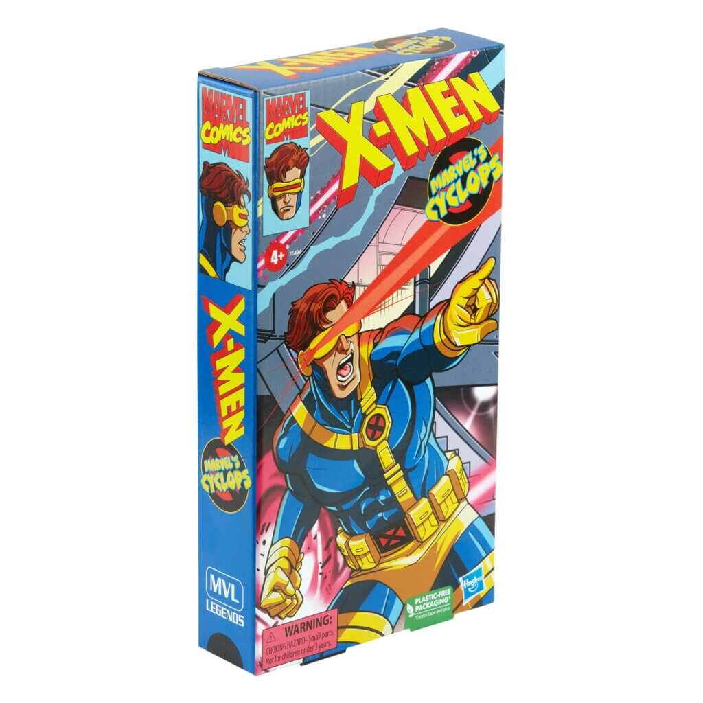 The packaging for the Marvel Legends Animated Cyclops, designed to resemble a VHS box from the original X-Men cartoon.