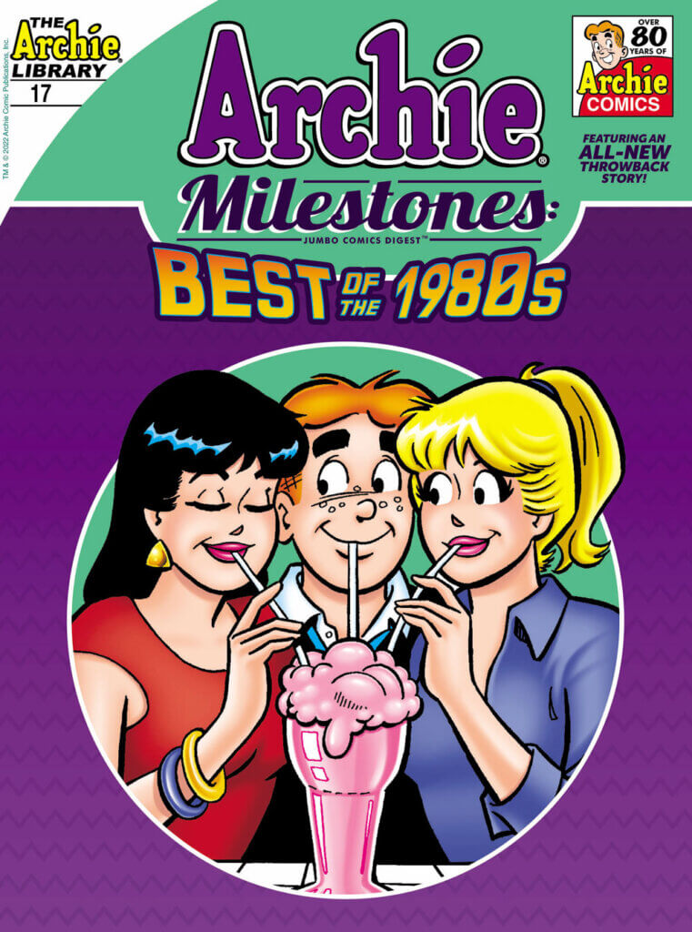 Against a pale blue backdrop, white thin teenagers Veronica Lodge, Archie Andrews and Betty Cooper gather around a pink milkshake. It has three straws stuck into it. While Betty and Archie are glancing at Veronica, Veronica has her eyes closed. She's wearing very 1980s-style multicolored bangles on her right wrist, and a red sleeveless top. Archie wears a black sweater and whire shirt, while Betty wears an indigo blouse