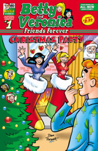 Veronica Lodge, a thin white brunette teenager, and Betty cooper, a thin white blonde teenager, hold their arms and hands up as they emerge from two red, fur-topped stockings . Red hearts float around their heads. Veronica wears a purple sweater and Betty wears a red sweater. Archie andrews, a white thin redheaded tweager in a blue button-down shirt with green christmas trees dotted all over it, reacts in shocked surprised to see them, but definitely not displeased. They are in a well-appointed living room with blue walls, a crackling fireplace and a big christmas tree, which features ornaments bearing the faces of jughead, Eliza Han and Sabrina Spellman. Santa Claus peeks in on the scene through a plate-glass window hinting that he delivered the girls to archie