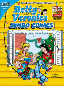 Veronica Lodge, a thin white brunette teenager, and Betty cooper, a thin white blonde teenager, stand at a window and stare in dismay (betty) and amusement (Veronica) at Archie Andrews, a thin white redheaded teenager who has tumbled from the roof of the home where they're staying and been wrapped up in christmas lights. Betty wears a yellow sweater with a red scarf and red sleeves, veronica wears a red turtleneck sweater with a green tree on it. Archie's wearing a blue sweater with red collars and cuffs. The house is yellow slater board with white shutters and a dusting of snow atop it. Inside the world is cozy, with a red brick fireplace, a well-decorated tree, and a blue wreath and garland with a red bow