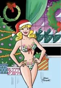Thin white blonde teenager betty cooper stands in a blue-floored, black walled house. Snow falls peacefully outside and green bushes can be seen through a multi-paned window framed in light green curtains. A wreath with a red ribbon has been hung over the windows, and behind betty to her left is a decorated christmas tree with yellow garland and purple ornaments and several well decorated presents beneath it. Another wreathe is mounted over the green stone mantle. Betty smiles and wears a white bikini with a holly print and red bows on it, the cups and waistband lined with blinking christmas lights. She wears a red santa cap on her head with white fur trim