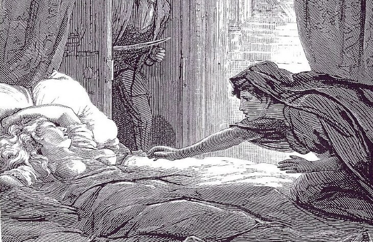 Detail from one of David Henry Friston's illustrations to J. Sheridan Le Fanu's story Carmilla. Carmilla, the vampire, reaches towards her victim.