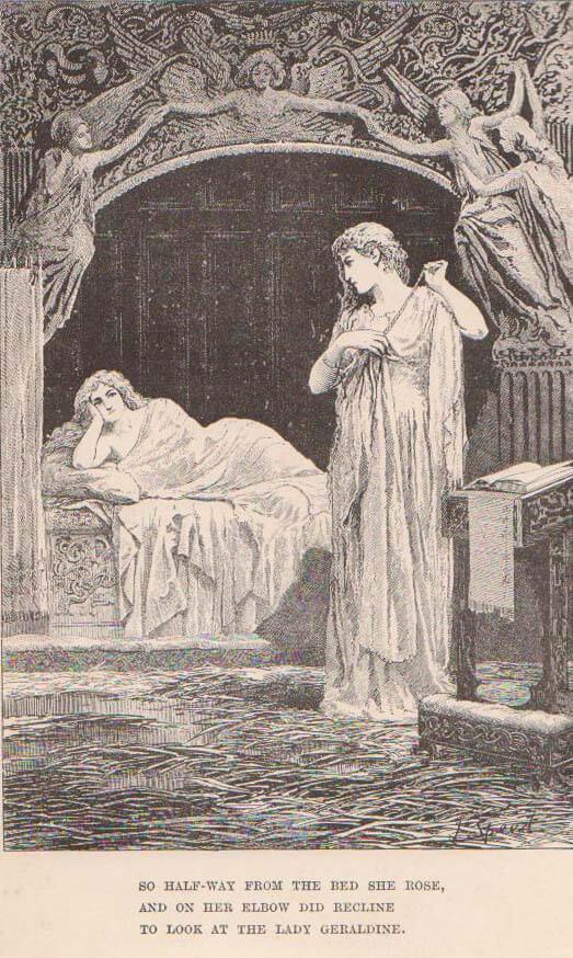 Illustration for Samuel Taylor Coleridge's "Christabel" showing the characters Geraldine and Christabel in classical attire.