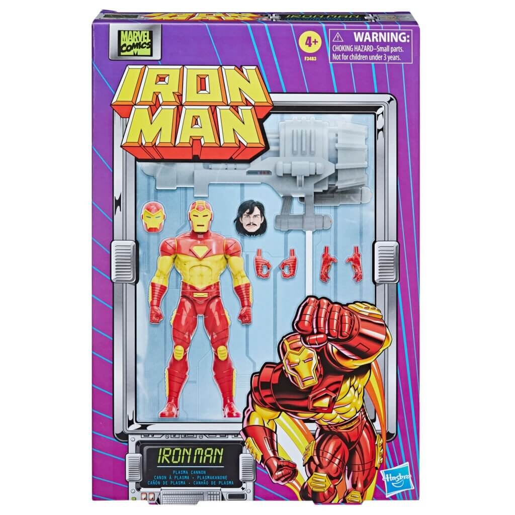 A picture of the packaging for the Deluxe Iron Man action figure, designed to resemble the packaging of '90s Toy Biz Iron Man figures.