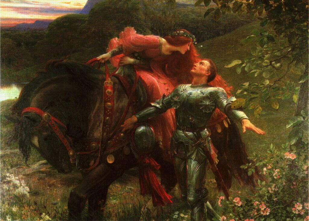 Painting by Frank Dicksee based on Keats' poem "La Belle Dame sans Merci". The mysterious woman, on horseback, leans down to face the loving knight.