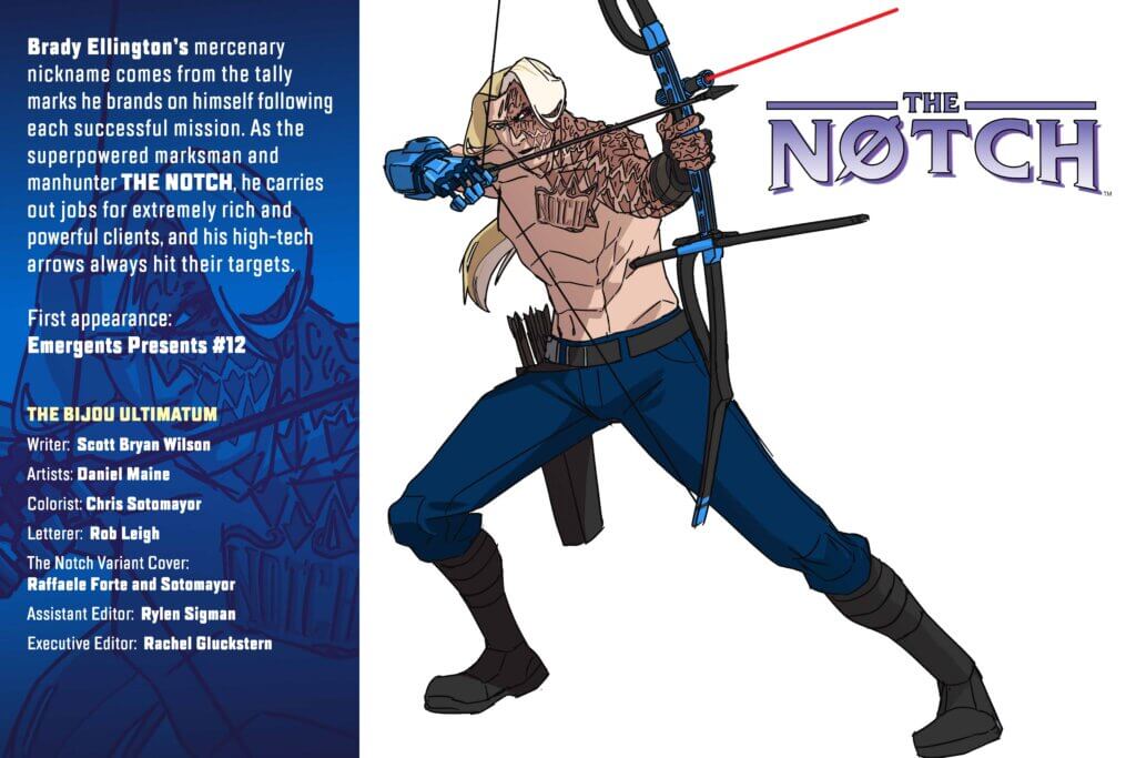 Comic featuring an archer with a bare chest. Arrowhead notches and scars cover the left shoulder and arm and half of his face