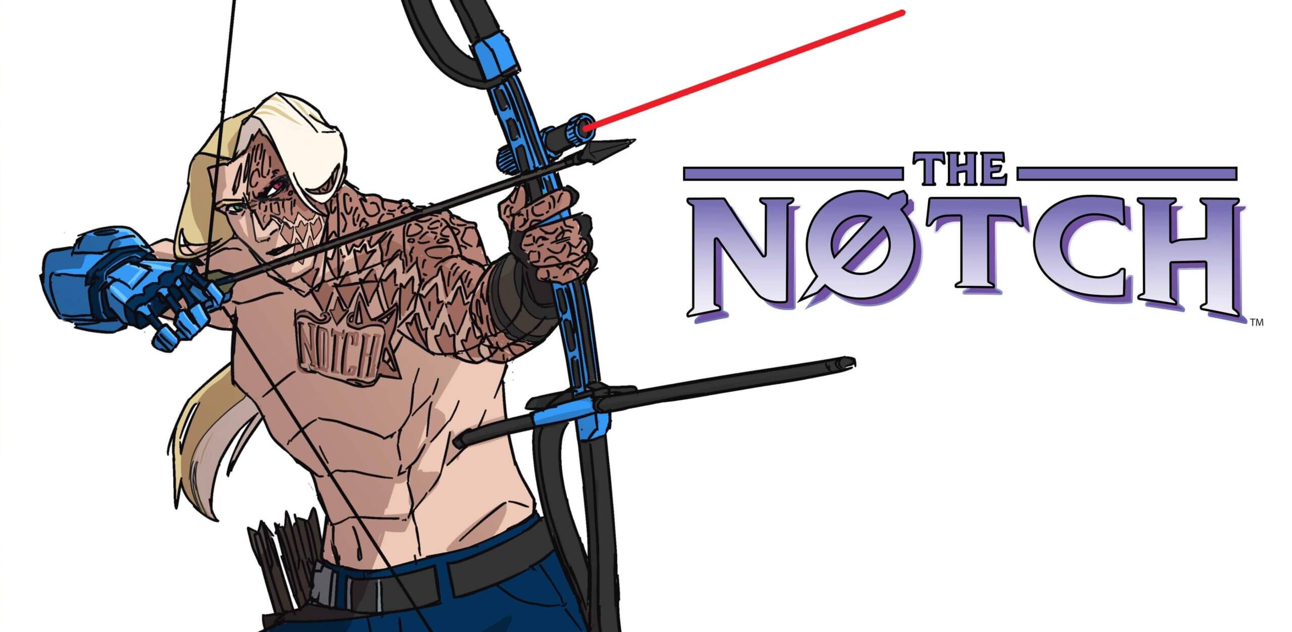 Comic featuring an archer with a bare chest. Arrowhead notches and scars cover the left shoulder and arm and half of his face
