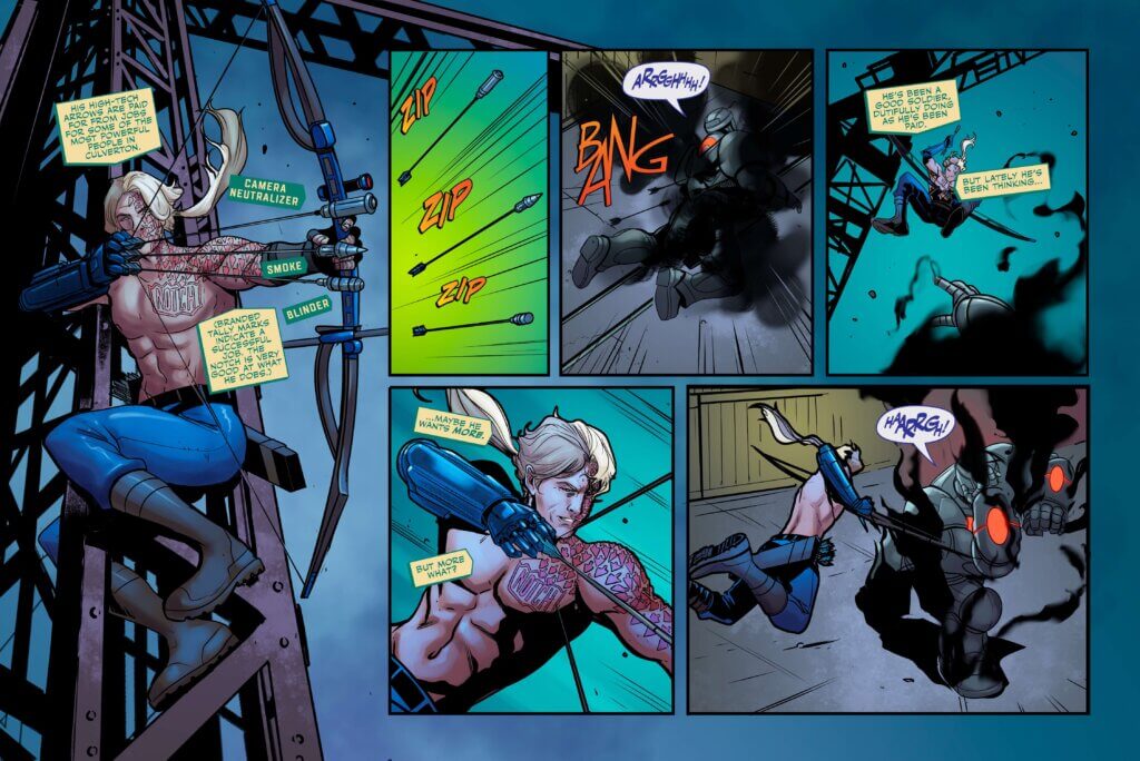 Comic featuring an archer with a bare chest. Arrowhead notches and scars cover the left shoulder and arm and half of his face