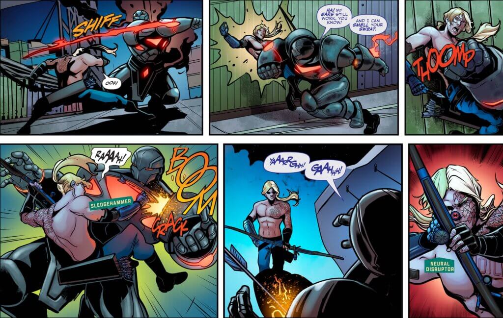 Comic featuring an archer with a bare chest. Arrowhead notches and scars cover the left shoulder and arm and half of his face