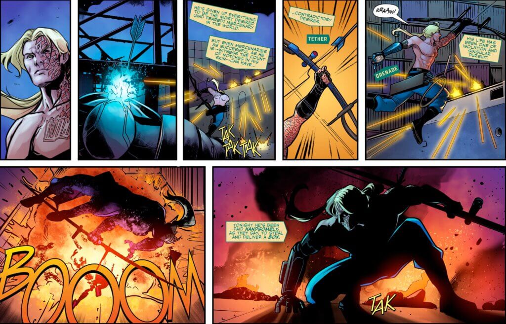 Comic featuring an archer with a bare chest. Arrowhead notches and scars cover the left shoulder and arm and half of his face