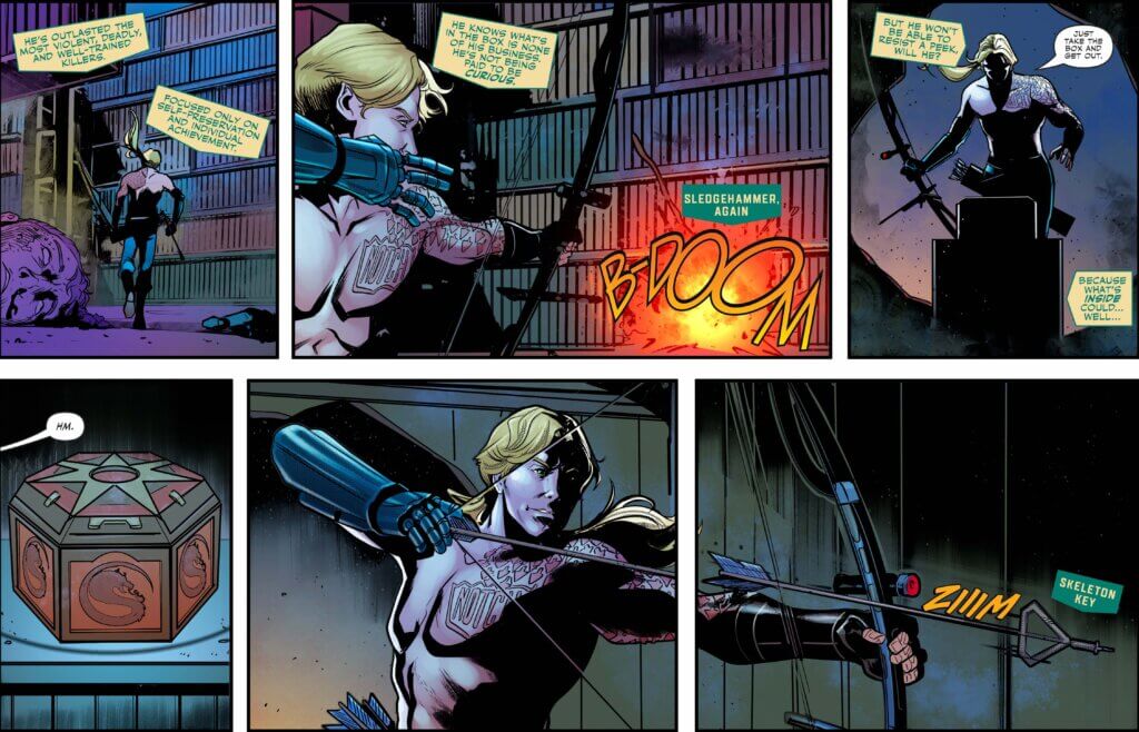 Comic featuring an archer with a bare chest. Arrowhead notches and scars cover the left shoulder and arm and half of his face