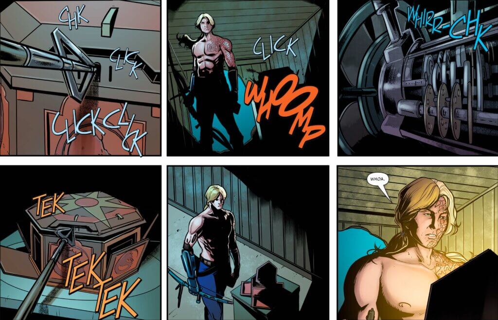 Comic featuring an archer with a bare chest. Arrowhead notches and scars cover the left shoulder and arm and half of his face