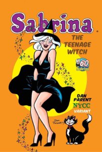 Before an orange backdrop and a yellow spotlight, white thin blonde and white-haired teenager sabrina spellman impersonates marilyn monroe in the seven year itch, her black dress blowing up with a trail of purple starry magic dancing over her body. She laughs and iggles, her black hat with yellow band. Nearby sits her black and white cat salem, who looks on in amusement