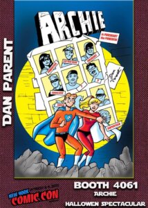 In a visual parody of the famous cover for The Uncanny X-Men #141. Pureheart and Power Teen stand before a wanted poster lit by a golden spotlight. Redhead and thin white Archie protects thin white teenager betty with his arm as they stand before a wanted poster covered with images of their friends before a brick wall