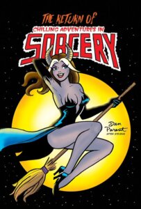 In a tribute to the cover of Elvira's house of mystery, madame satan flies before a yellow moon in a black sky. Her black, low-cut dress flies out behind hewr as she rides a broom with one hand extended over her head, her horns brown atop her head and her arm raised