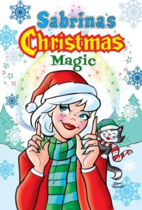 white thin white-haired teenager sabrina spellman stands before a snowy woodland backdrop, with pale green trees behind her. She wears a red sweater and a red santa's cap with white ermine trim, as well as a green striped scarf. She cleverly points to the sky, indicating that the snow falling all around her is due to a spell cast. Behind her her black and white cat, salem, smiles an wears a red and white striped scarf and a green and white trimmed santa cap