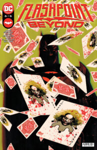 Flashpoint Batman in shadow behind several falling playing cards with Flashpoint Joker's face on them