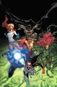 Batman, Robin, Poison Ivy, Power Girl, Monkey Prince and Cyborg charging at the reader from glowing green background