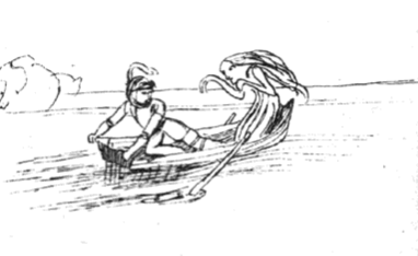 Illustration by James Clerk Maxwell from the manuscript of his 1845 poem "The Vampyre" showing an armoured knight sharing a boat with a hostile female vampire.