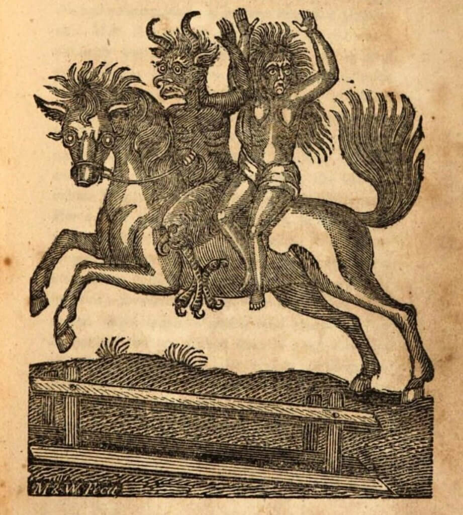 18th-century woodcut showing a naked witch screaming as the Devil takes her away on horseback (illustrating Robert Southey's ballad "The Old Woman of Berkeley")