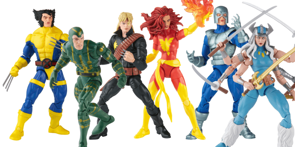 A lineup of the Marvel Legends Retro X-Men figures for 2022, featuring Wolverine, Multiple Man, Longshot, Dark Phoenix, Avalanche, and Spiral.