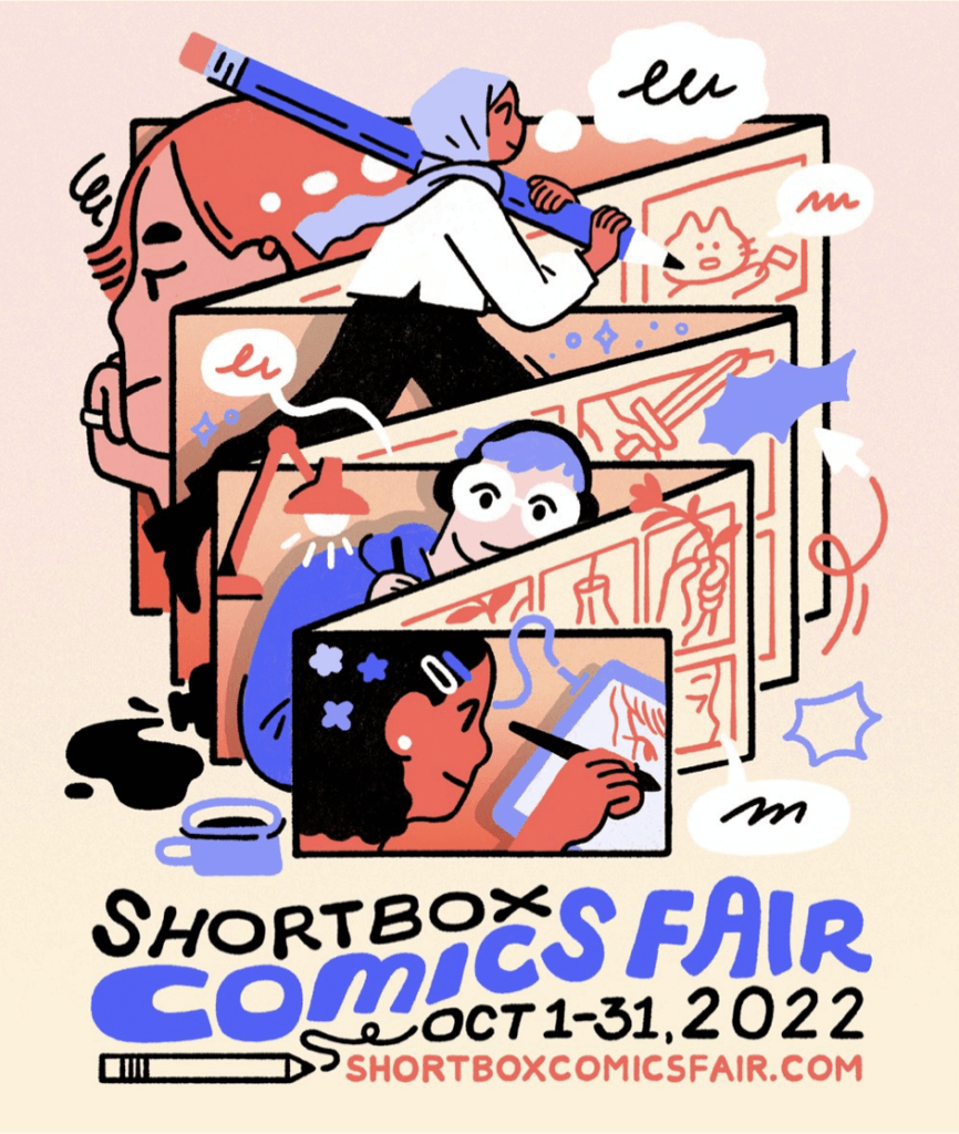 ShortBox Comics Fair 2022 promotional poster. It depicts several creators drawing comics. The poster also provides the dates of the fair, October 1-October 31
