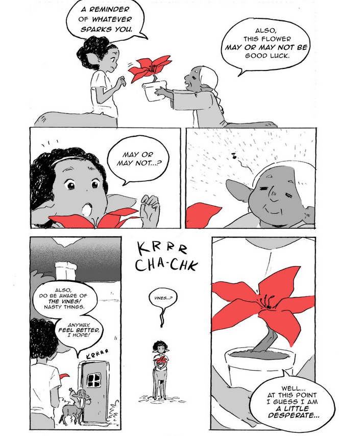 Older, female centaur gifting a red flower in a pot to a younger. female centaur