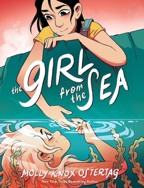 On the cover of The Girl from the Sea, Morgan leans over a rocky outcropping to touch Keltie's hand.
