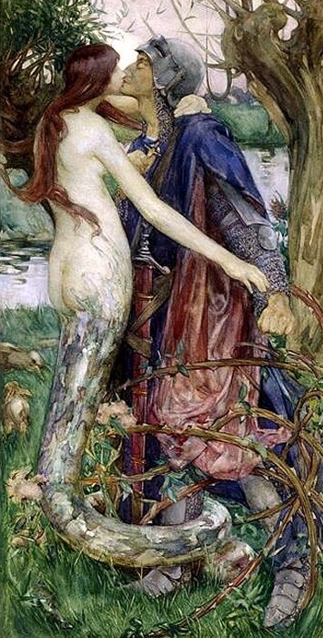 Isobel Lilian Gloag's painting "The Knight and the Mermaid or The Kiss of the Enchantress" showing a half-snake woman kissing a knight.