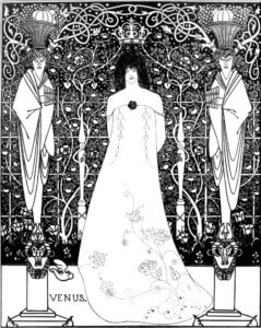 Aubrey Beardsley's 1895 drawing "Venus Between Terminal Gods" containing a stylised depiction of the Roman goddess.
