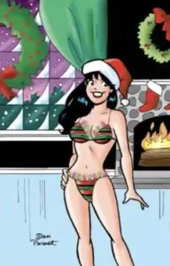 Thin white brunette teenager veronica lodge stands in a blue-floored, black walled house. Snow falls peacefully outside and green bushes can be seen through a multi-paned window framed in light green curtains. A wreath with a red ribbon has been hung over the windows, and behind veronica to her right is a mantle with a roaring fire and and red ermine-trimmed stockings hanging from it. Another wreathe is mounted over the green stone mantle. Veronica smiles and wears a green and red striped bikini, the cups and waistband lined with blinking christmas lights. She wears a red santa cap on her head with white fur trim