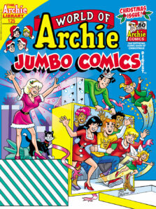 Sabrina Spellman, a thin, white-haired white teenager, reacts in amazed joy as she allows a yellow package to tip over and spill out, her Riverdale friends emerging to tumble to the ground. She wears a pink thigh-high dress with white ermine trim and a black belt, and she stands on a number of oversized packages. Her black and white cat, Salem, stands are her feet. Emerging from the package are Betty, Veronica, Jughead, Eliza, Veronica, Kevin and many other characters