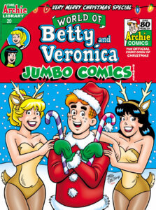 Archie Andrews, a white thin redheaded teenager; stand before a snowy white groundscape and a blue sky with snow gently falling down. Archie wears a red santa suit trimmed with white ermine and a santa cap trimmed with same, and also sports a pair of green glovers. His arms are crossed over his chest, as he's offering two red and white striped candy canes to white blonde thin betty cooper and white brunette thin veronica lodge. Both teeangers are wearing fawn and tan colored reindeer costumes complete with antler headbands. Everyone is smiling.
