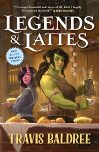 Viv the orc looks satisfied back to back with her barista on the cover of Legends and Lattes by Travis Baldree