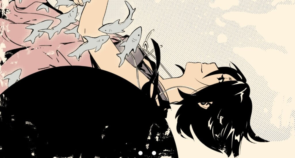 An image from The July Fashion Issue by Keezy Young, depicting a young woman sideways, surrounded by textures in various colors. Tiny sharks swim around her. 