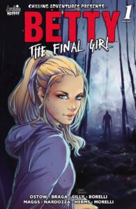 Blonde white thin Betty cooper stands in the foreground wearing a purple hoodie and a purple ribbon in her tied back blonde hair. She stares at the reader with her blue eyes in a darkly-shrouded woodland glen. in the distance stands a darkly-shrouded individual, the light behind them causing an eerie distortion.