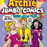 White blonde teenager Betty Cooper, white redheaded teenager Archie Andrews and white brunette teenager Veronica Lodge attend a New Year's Eve party together. Betty wears a fuschica dress with a white collar, Archie wears a yellow shirt with a multicolored tie and grey pants, veronica wears a purple floor-length dress and a yellow and purple striped party hat. Betty asks Archie "Archie, Do you have a new year's resolution?" Archie: "Yeah! Not to Make Any!" The background is purple with multicolored spotlights and a yellow banner with blue letters reads Happy New Year. The air is filled with multicolored confetti.