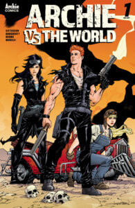 Redheaded, muscular white teenager Archie Andrews brandishes and fires an oversized gun as he stares to the left of him. He holds a sawed-off shotgun in the other hand and wears a form-fitting white teeshirt and a shredded black vest, and black pants and boots, with grey gunbelts strapped over it. To his right is Betty Cooper, a white, thin, blonde-haired teenager who crouches on the ground in blue overalls with an oatmeal-colored blouse underneath. She wears brown boots, thick brown work gloves, and a helmet and goggles. Standing to Archie's left is Veronica Lodge, a thin white brunette teenager wearing a black skirt with a shredded hem, black tights, black boots, a black shredded vest and a blue blouse underneath, along with elbow-length black gloves. Her long, black hair waves in the breeze and she wears very modern-looking grey sunglasses perched upon the crown of her head. She too wears a gunbelt and gun. Behind them all is Archie's red hot rod, which has been souped up into a death machine with grey grills. Behind them the sky is orange and ominous plumes of thick black smoke fill the air. The foreground is arid and desert-like, and there is a scattering of skulls at the teens' feet.