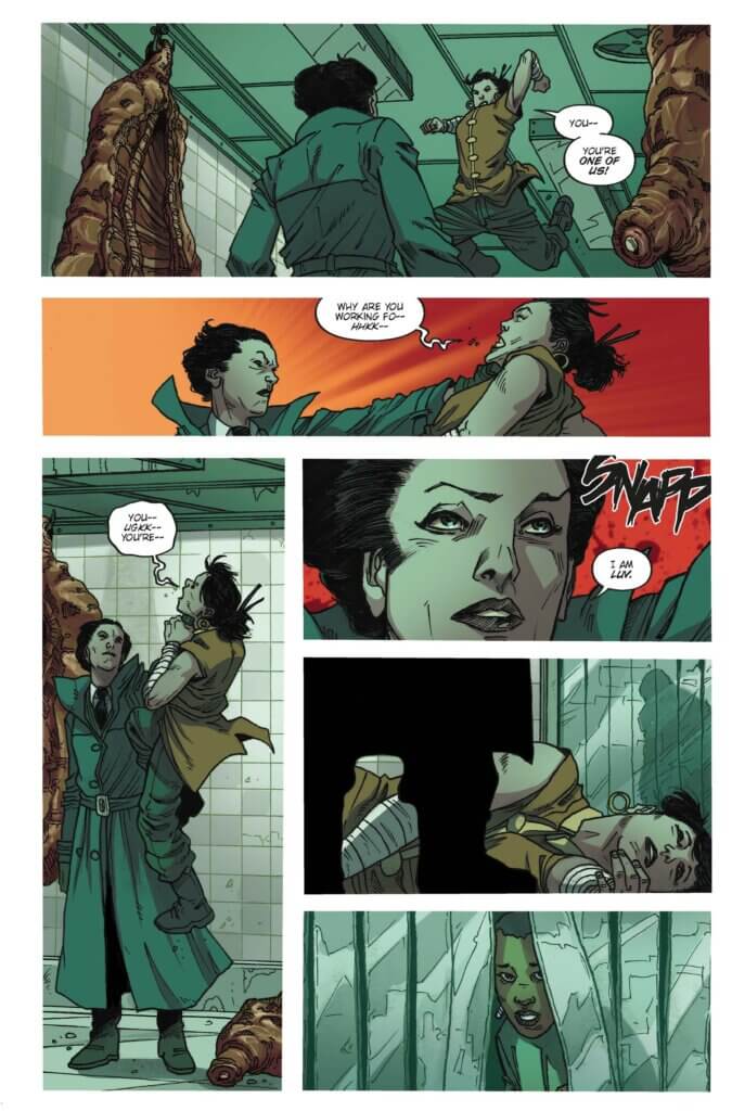 Two women fight in a tiled hallway while a third woman, a Black woman, watches from behind a curtain. 