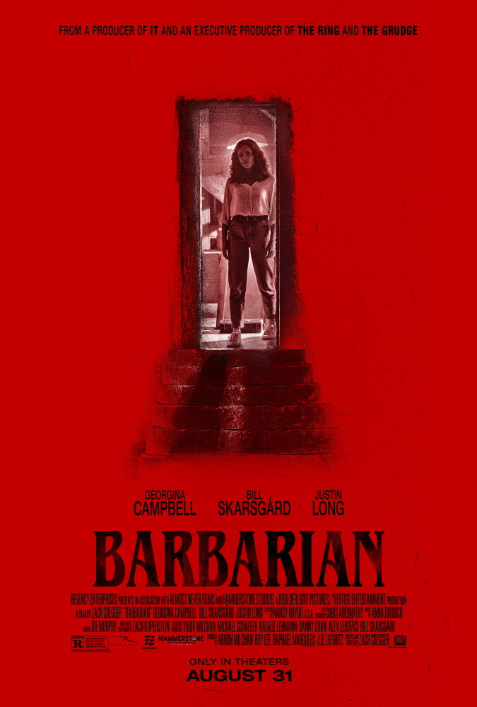 Poster for the 2022 film Barbarian, featuring main character Tess (Georgina Campbell) opening a Basement door in a field of blank red space.