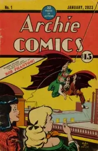 Brunette teenager Veronica Lodge and Blonde teenager Betty cooper watch from a distance as Bob Phantom saves red-headed thin white teenager Archie Andrews. Bob's cape is dramatic and red, and his outfit is green. Archie wears hsi tan slacks/white shirt/black varsity vest combination.