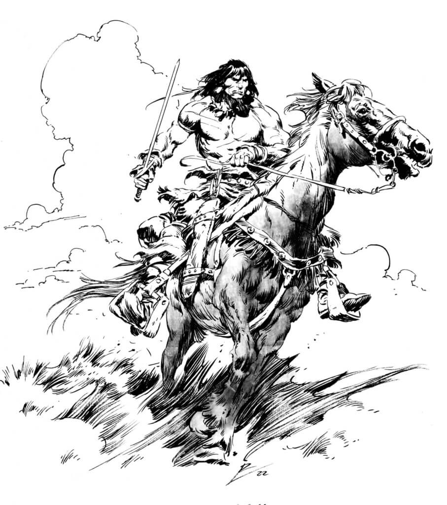Conan the Barbarian, a shirtless White man with long hair, rides a horse through a field. 