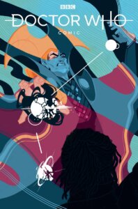 A man, dressed in regal attire, has an angry look on this face and appears to be launching a weapon towards the Doctor, who the reader sees from the back. 